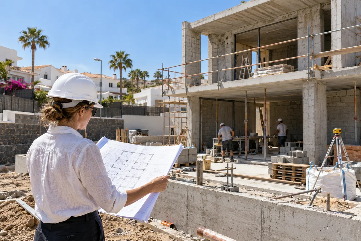 Architect checking plans on active building site